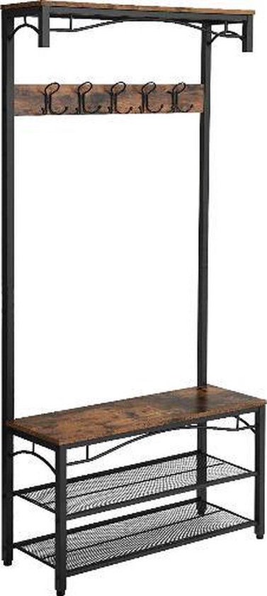 Garderoberek met 5 haken, een bankje en twee schoenenrekken in industrieel design.