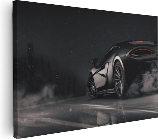 Artaza Canvas Schilderij Auto - 120x80 cm - Groot - Wanddecoratie Sportauto - Muurdecoratie Mancave - Schilderij Skyline - Zwart