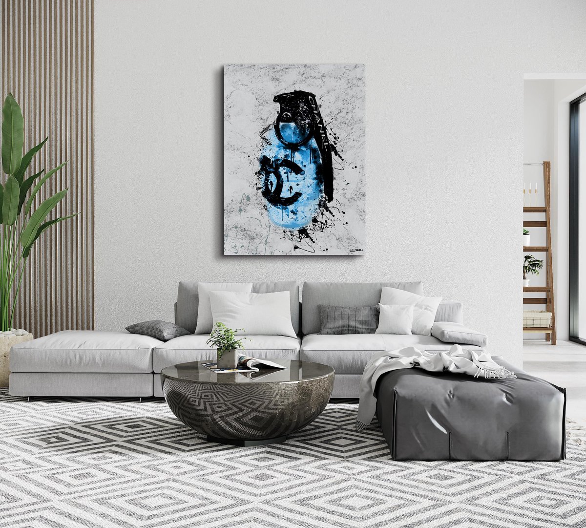 Kanwall - Schilderij - Luxe Fashion Grenade Woonkamer Slaapkamer Chanel Design Art ** Dik! Effect** - Zwart, Wit, Blauw En Grijs - 100 X 75 Cm
