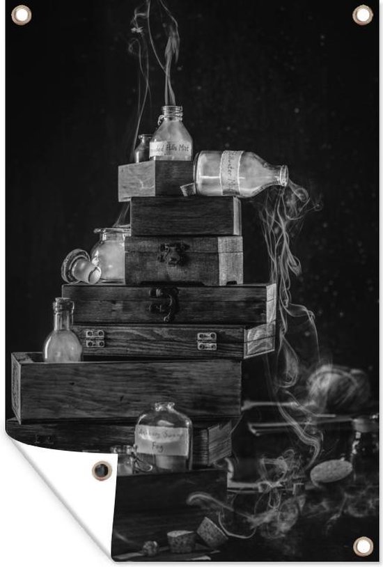 Tuindecoratie Kisten en drankjes - zwart wit - 40x60 cm - Tuinposter - Tuindoek - Buitenposter
