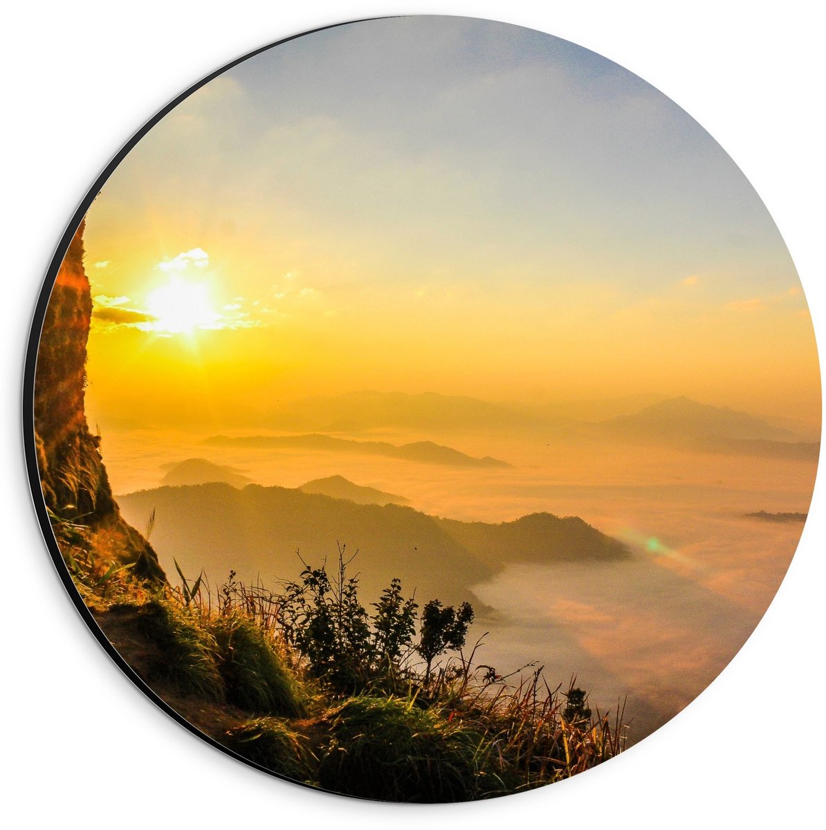 KuijsFotoprint Dibond Wandcirkel - Zonsondergang bij de Bergen - 20x20cm Foto op Aluminium Wandcirkel (met ophangsysteem) Bruin