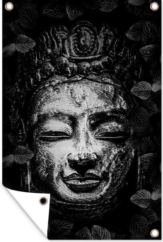 Tuinposter - Tuindoek - Tuinposters buiten - Ruw hoofd van een Boeddha versierd met bladeren - zwart wit - 80x120 cm - Tuin