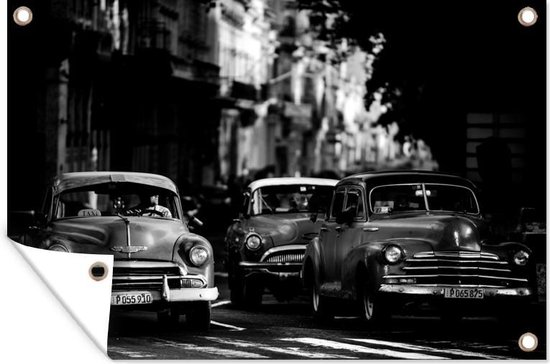 Tuinposter - Tuindoek - Tuinposters buiten - Cuba - Cadillacs - Oldtimers - Klassieke auto's in ochtendlicht - zwart wit - 120x80 cm - Tuin