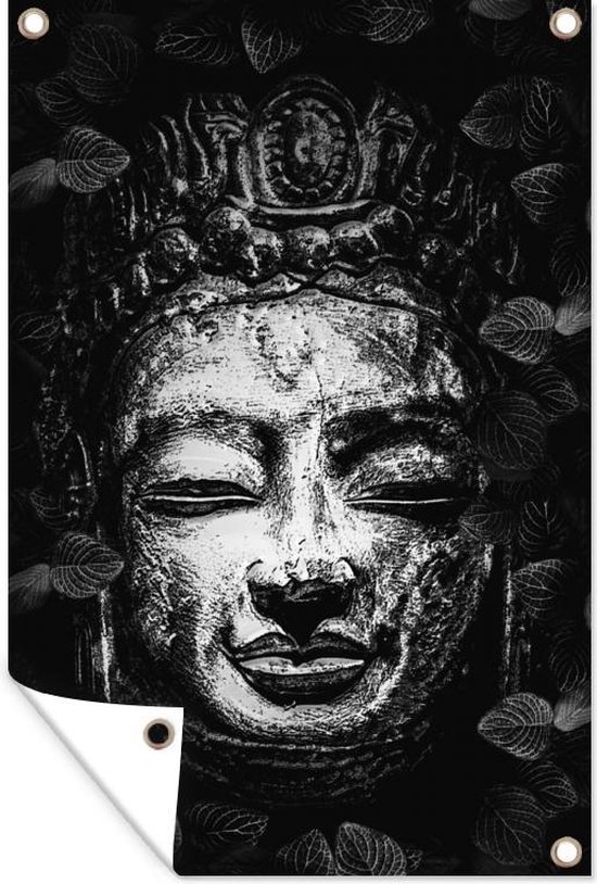 Muurdecoratie Ruw koperen hoofd van een Boeddha met kleine bladeren rondom - zwart wit - 120x180 cm - Tuinposter - Tuindoek - Buitenposter