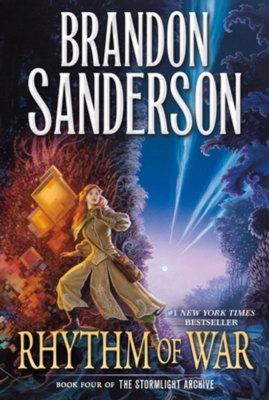 Couverture de livre mettant en scène une femme aux cheveux roux vêtue d'une tenue beige, Rhythm of War de Brandon Sanderson.