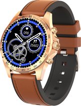 Belesy® ROYAL 2 - Smartwatch Dames - Smartwatch Heren - Horloge – Hartslag - Bloeddruk - Stappenteller - 1.28 inch - 100+ wijzerplaten - Full Touch – Goud – Leer - Bruin - Moederdag