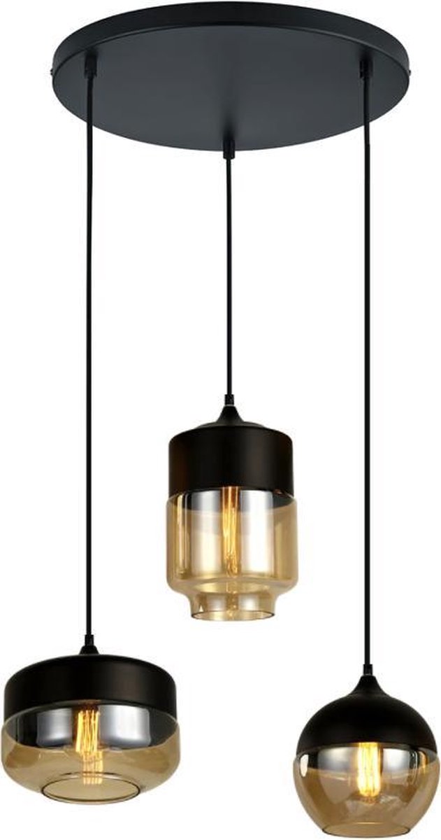ByMus Moorea - Hanglamp Woonkamer - 3xE27 fitting - Zwart - Glas - Amber - Inclusief plafondplaat Ø50 cm - Hanglamp industrieel - Hanglamp Eetkamer - Hanglamp set - Hanglamp modern