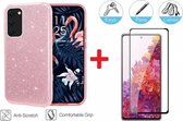 2-In-1 Screenprotector Glitter Hoesje Bescherming Set Geschikt Voor Samsung Galaxy S21 5G - Full Cover 3D Edge Tempered Glass Screen Protector Met Siliconen Back Bumper Bescherm Ho