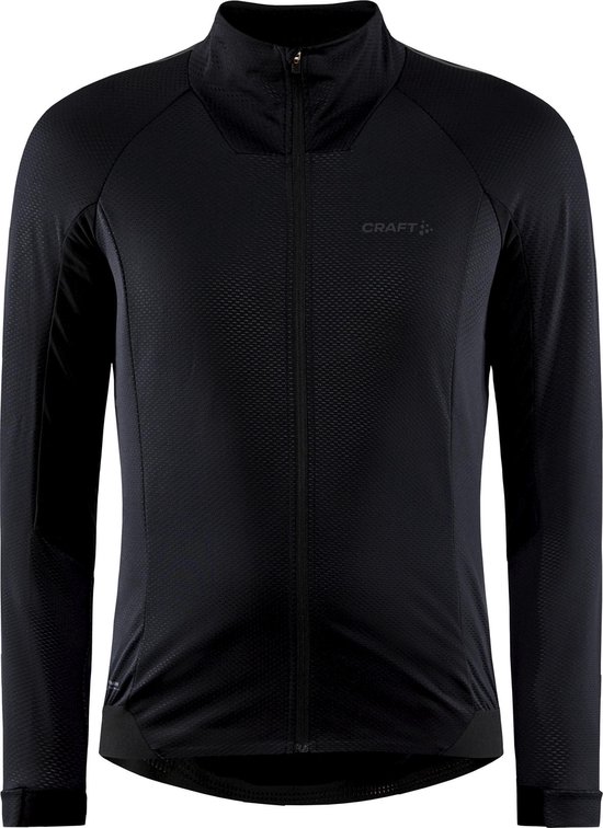Veste de cyclisme Craft noire avec fermeture éclair et rayures grises sur les manches. Tissu texturé.