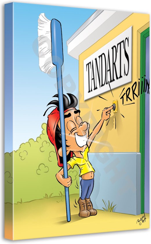 Tandarts Cartoon op canvas - Roland Hols - Deurbel - 90 x 60 cm - Houten frame 4 cm dik - Orthodontist - Mondhygiënist