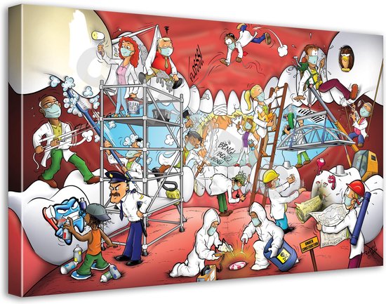 Dentiste Caricature sur toile - Roland Hols - Travaux dentaires - 90 x 120 cm - Cadre en bois 4 cm d'épaisseur - Orthodontiste - Hygiéniste dentaire