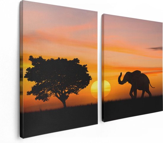 Artaza Canvas Schilderij Tweeluik Olifant Silhouet Tijdens Zonsondergang  - 120x80 - Foto Op Canvas - Canvas Print