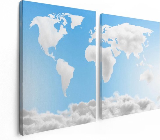 Artaza - Peinture sur toile Diptyque - Carte du Wereldkaart faite de nuages - 120x80 - Photo sur toile - Impression sur toile