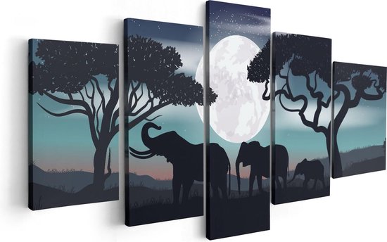 Artaza Canvas Schilderij Vijfluik Olifanten Silhouet Tijdens Volle Maan - 100x50 - Foto Op Canvas - Canvas Print