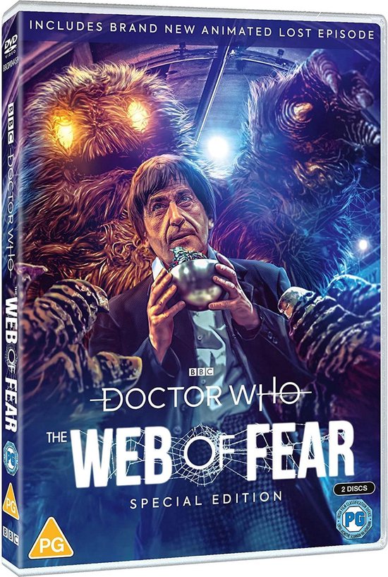 Doctor Who: The Web of Fear Special Edition DVD-hoes. Een man in pak staat omringd door harige wezens. "Includes brand new animated lost episode."