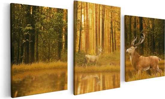 Artaza - Triptyque de peinture sur toile - Deux cerfs dans la forêt au bord de l' Water - 120x60 - Photo sur toile - Impression sur toile