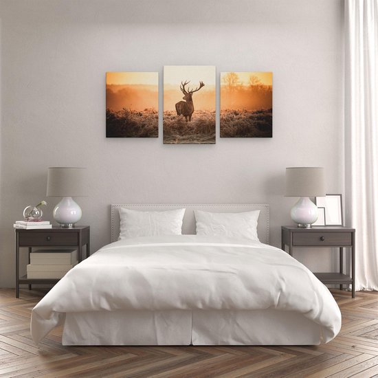 Artaza - Triptyque de peinture sur toile - Cerf dans le pâturage pendant le lever du soleil - 120x60 - Photo sur toile - Impression sur toile