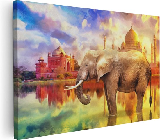 Artaza Canvas Schilderij Getekende Olifant Bij Taj Mahal - Abstract - 120x80 - Groot - Foto Op Canvas - Wanddecoratie Woonkamer