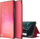 Voor Samsung Galaxy A50 Koolstofvezel Textuur Bekijk Tijd Horizontale Flip Leather Case met Houder & Touch Call Display ID (Rood)