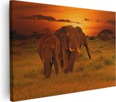Artaza Canvas Schilderij Olifanten In Het Wild - Zonsondergang - 120x80 - Groot - Foto Op Canvas - Wanddecoratie
