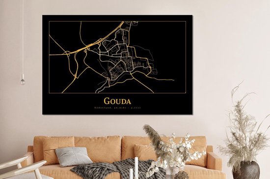 Décoration murale Métal - Peinture Aluminium Industriel - Carte - Gouda - Or - Zwart - 150x100 cm - Dibond - Photo sur aluminium - Décoration murale industrielle - Pour le salon/chambre