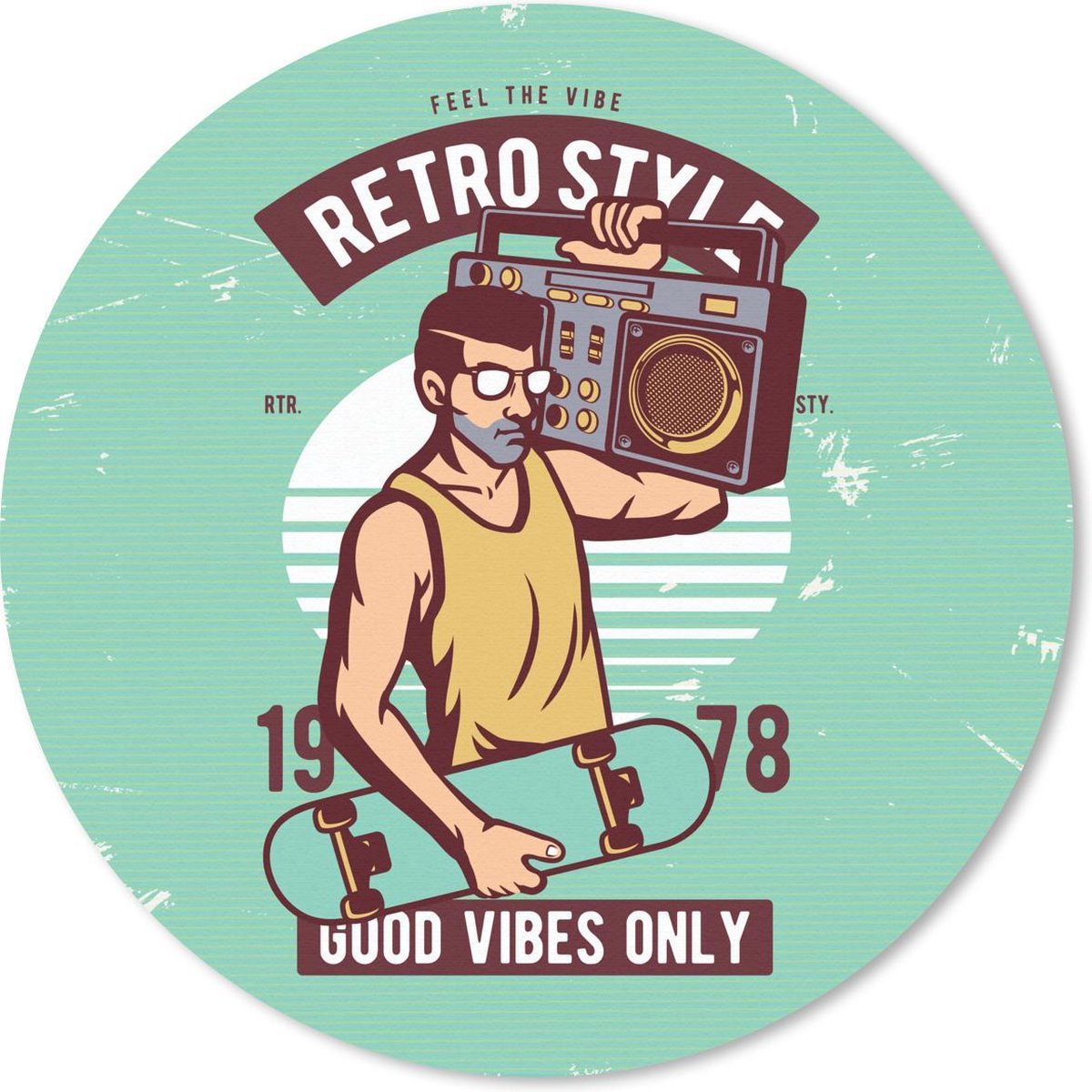Muismat rond 30x30 cm - Mousepad Radio - Man - Skateboard - Retro - Ronde muismatten