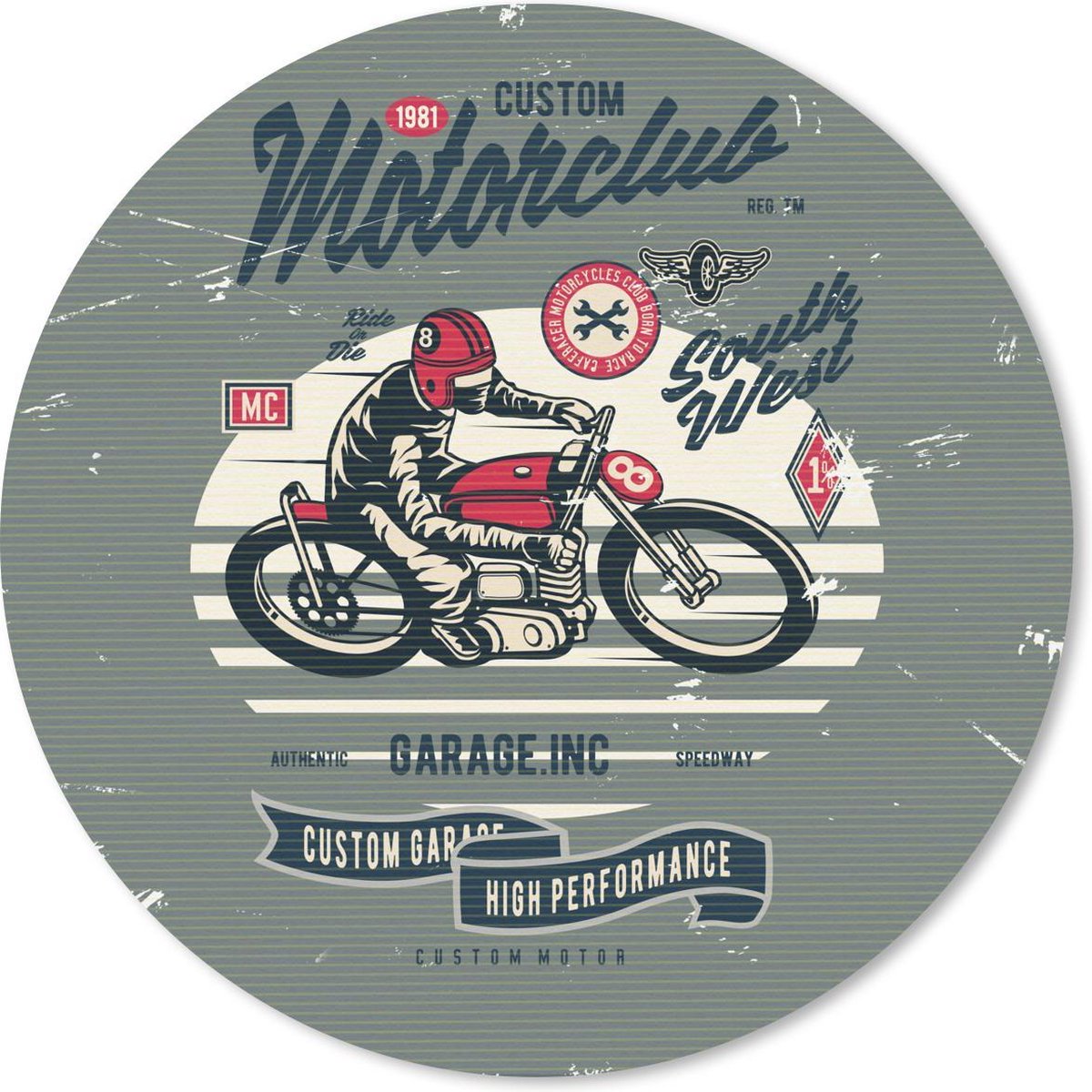 Muismat rond 20x20 cm - Mousepad Motor - Helm - Tekening - Vintage - Ronde muismatten