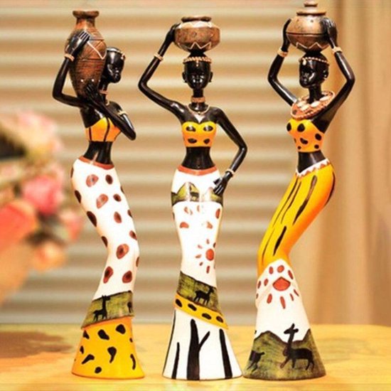 BaykaDecor - Afrikaanse Dames Beeldjes - Afrikaanse Kunst Woondecoratie - Exotisch Wonen - Set van 3 - Cadeau - Kleurrijk - 20 cm