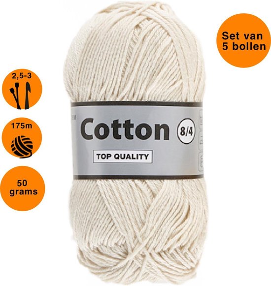 Lammy yarns Cotton eight 8/4 dun katoen garen - ecru (016) - naald 2,5 a  3mm - 5... | bol.com
