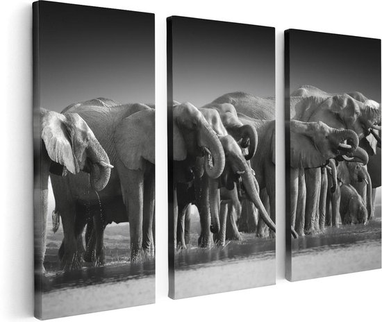 Artaza - Triptyque de peinture sur toile - Groupe d'éléphants au bord de l' Water - Zwart Wit - 120x80 - Photo sur toile - Impression sur toile
