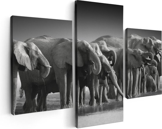 Artaza Canvas Schilderij Drieluik Groep Olifanten Bij Het Water - Zwart Wit - 90x60 - Foto Op Canvas - Canvas Print