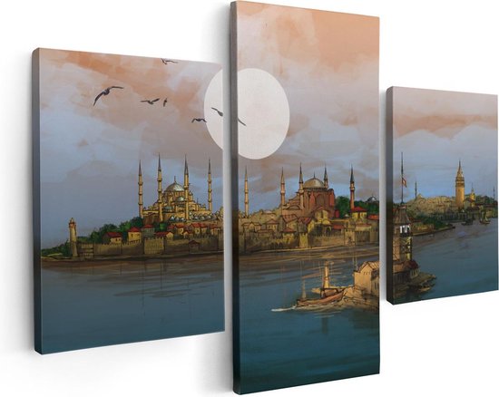 Artaza Canvas Schilderij Drieluik Illustratie Van De Maiden's Tower In Istanbul - 90x60 - Foto Op Canvas - Canvas Print