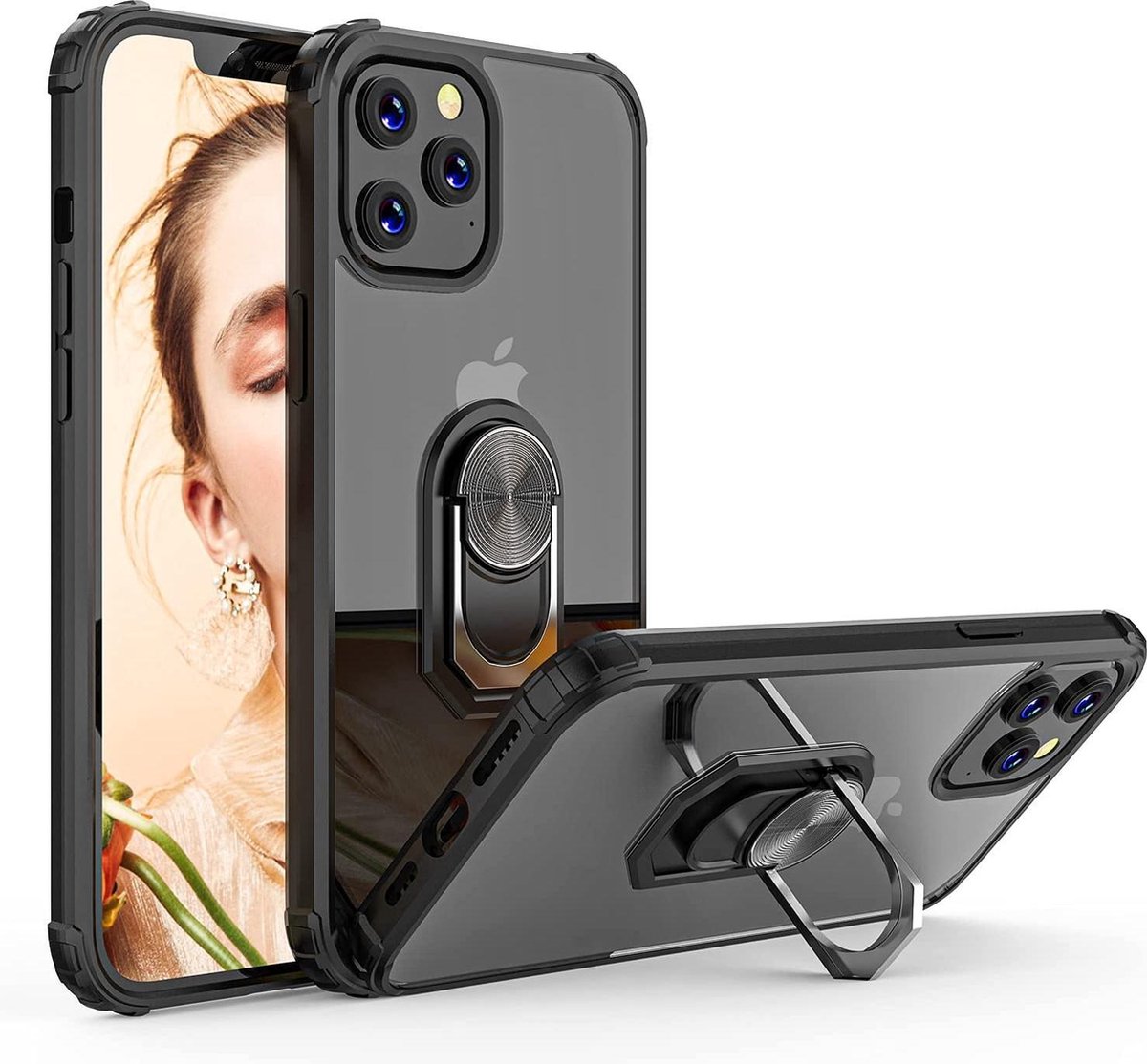 HB Hoesje Compatibel met Apple iPhone 13 Pro - Zwart - Anti Shock Kickstand Ring Case
