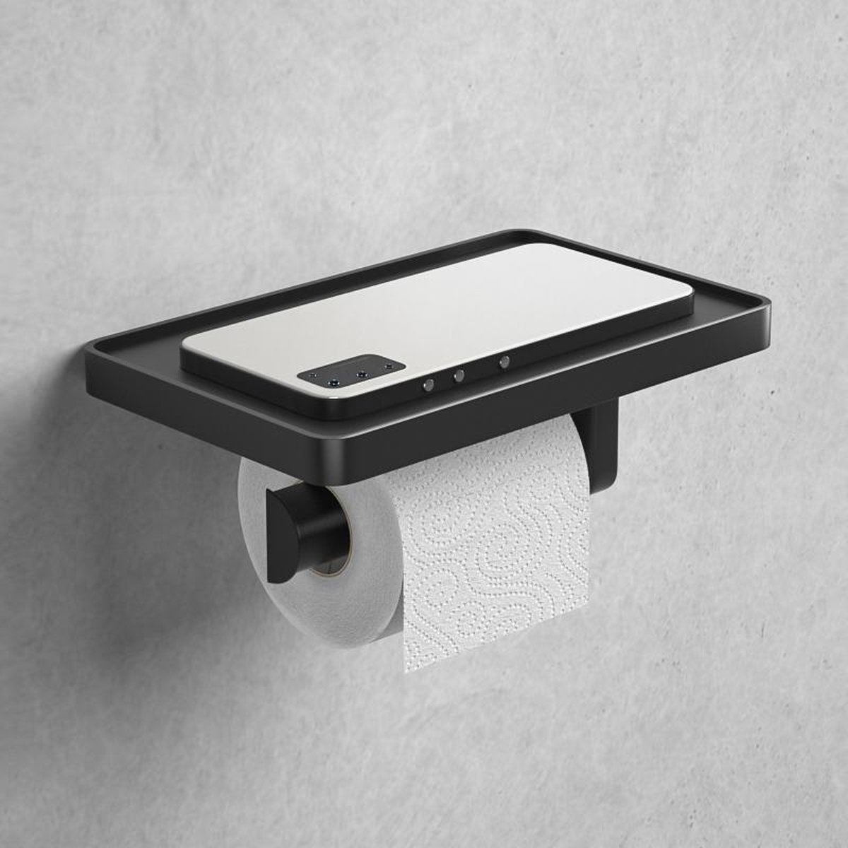 Nolad® | Toiletrolhouder | Toiletrolhouder Zwart | Met Oplegplankje | Zelfklevend | Badkamer Accessoires Zwart | Inclusief Montage | Elite Pure Black Collection 2021 | Mat Zwart