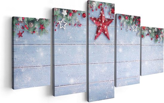 Artaza Canvas Schilderij Vijfluik Kerst Achtergrond Met Sneeuw Op Tafel - 100x50 cm - Wanddecoratie Woonkamer - Schilderijen - Muurdecoratie
