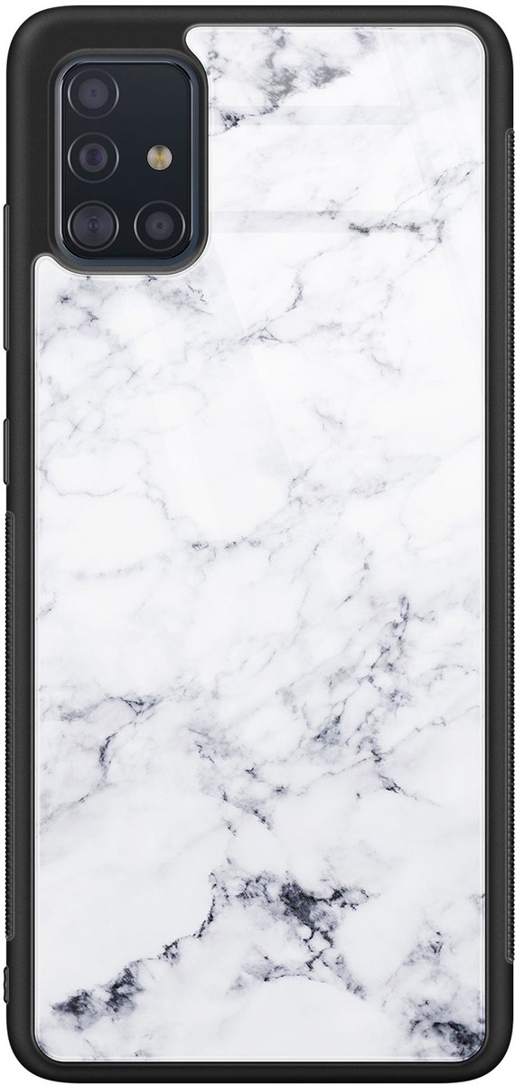 Hoesje geschikt voor Samsung Galaxy A51 - Marmer grijs - Luxe Glazen Hardcase - Marmer - Grijs