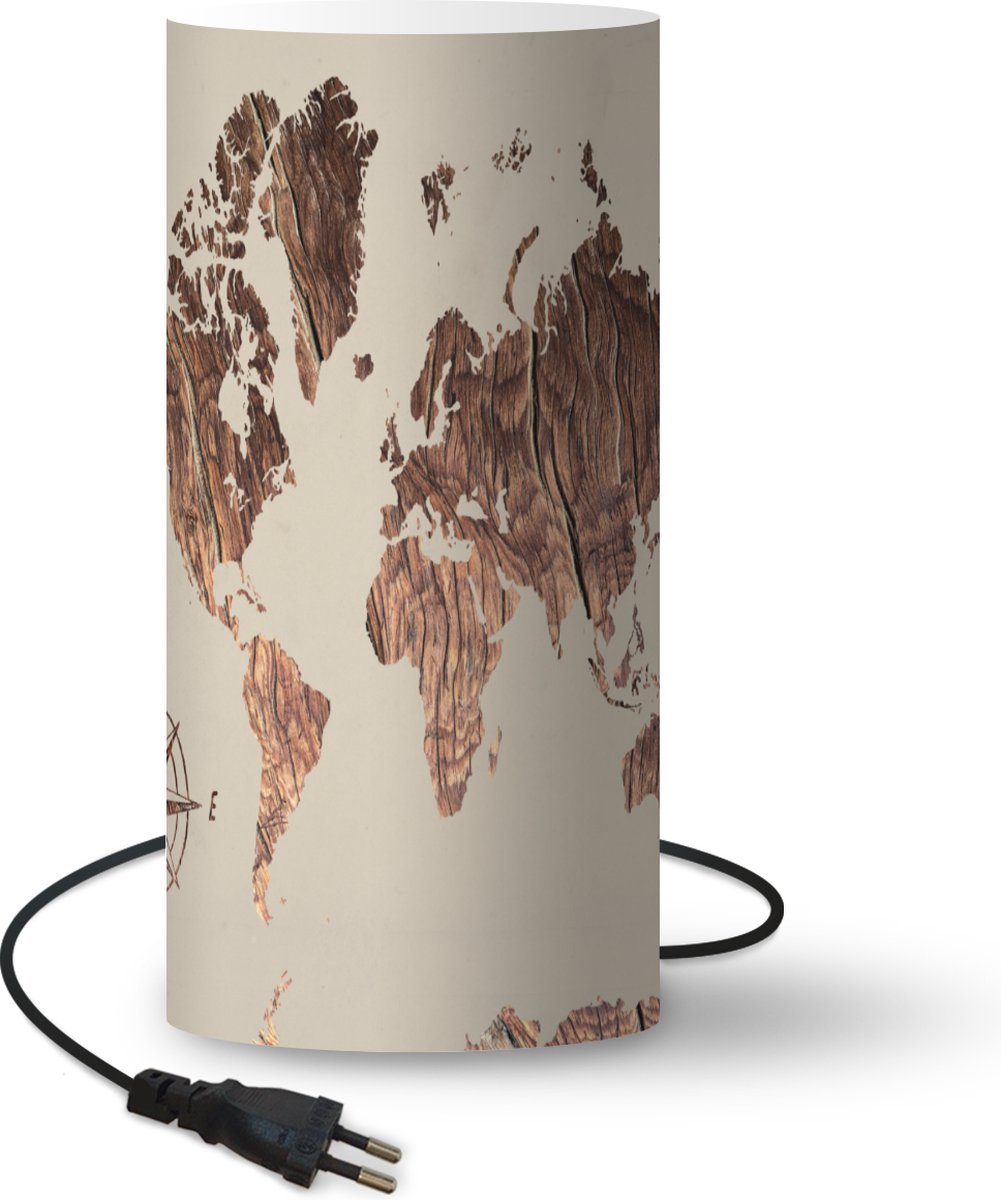 Lamp - Nachtlampje - Tafellamp slaapkamer - Wereldkaart - Hout - Windroos - 33 cm hoog - Ø15.9 cm - Inclusief LED lamp