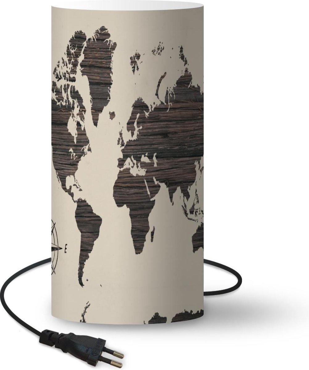 Lamp - Nachtlampje - Tafellamp slaapkamer - Wereldkaart - Hout - Kompasroos - 33 cm hoog - Ø15.9 cm - Inclusief LED lamp