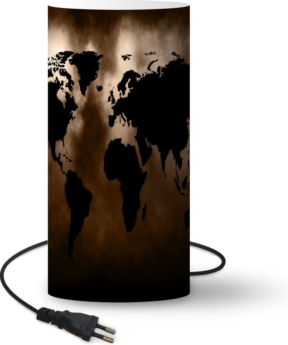 Lamp - Nachtlampje - Tafellamp slaapkamer - Wereldkaart - Zwart - Bruin - 54 cm hoog - Ø24.8 cm - Inclusief LED lamp
