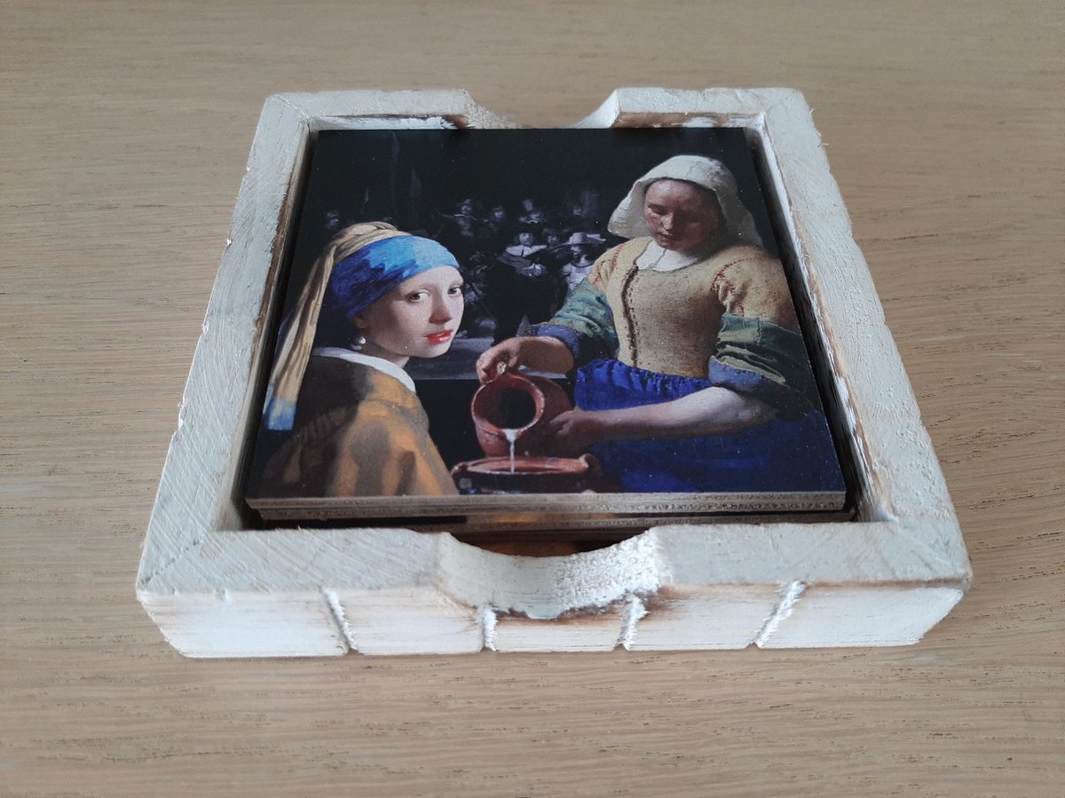 Onderzetter Vermeer set verschillende kunstwerken van hout