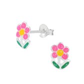 Joy|S - Zilveren bloem oorbellen "Flower" glitter roze