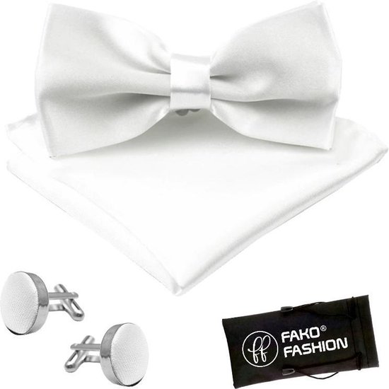 Fako Fashion® - Noeud papillon, pochette de costume et boutons de Boutons de manchette - Noeud papillon - Noeud papillon - Pochette de costume - Wit