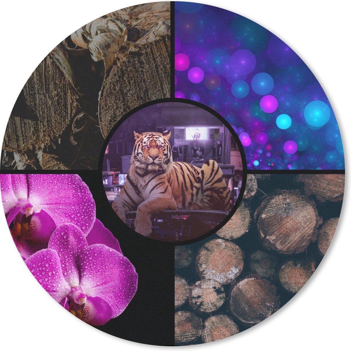 Muismat rond 40x40 cm - Mousepad Tijger - Collage - Hout - Orchidee - Ronde muismatten