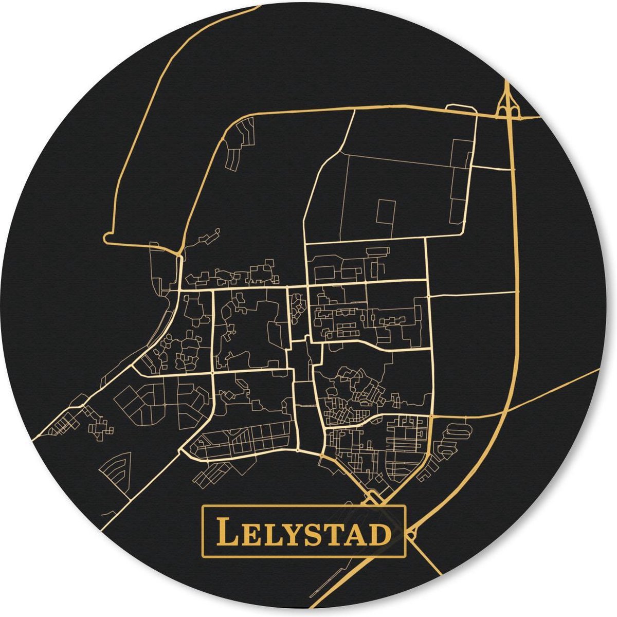 Muismat rond 40x40 cm - Mousepad Kaart - Lelystad - Simpel - Goud - Zwart - Ronde muismatten
