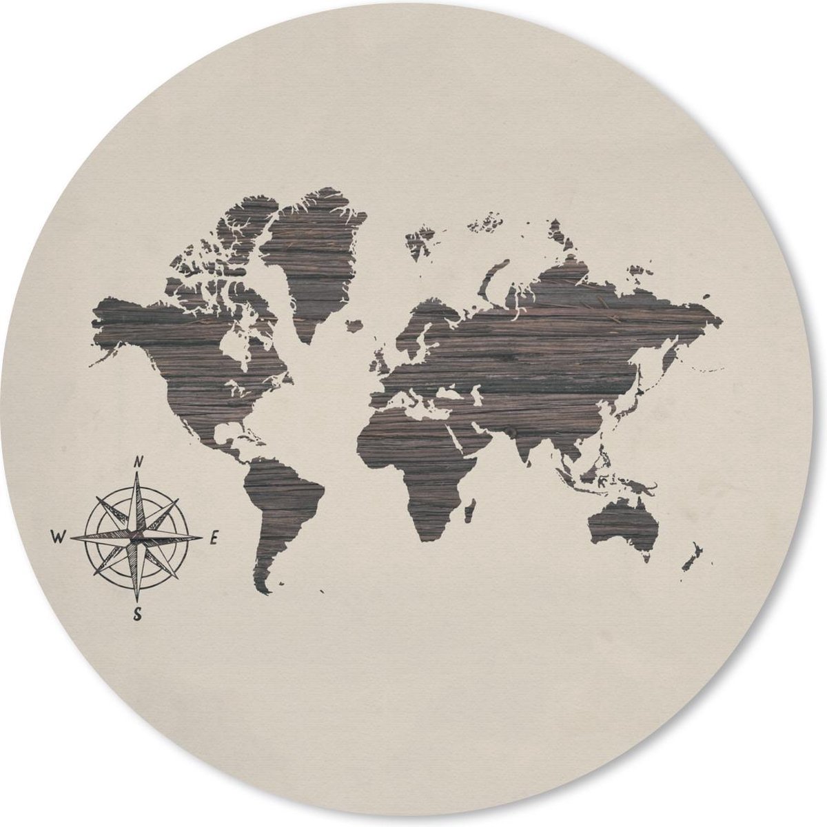 Muismat rond 40x40 cm - Mousepad Wereldkaart - Hout - Kompas - Ronde muismatten