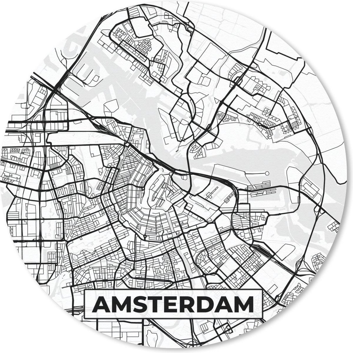 Muismat rond 40x40 cm - Mousepad Kaart - Amsterdam - Zwart - Wit - Ronde muismatten