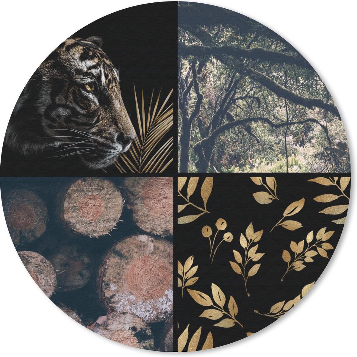 Muismat rond 50x50 cm - Mousepad Tijger - Collage - Boom - Goud - Ronde muismatten