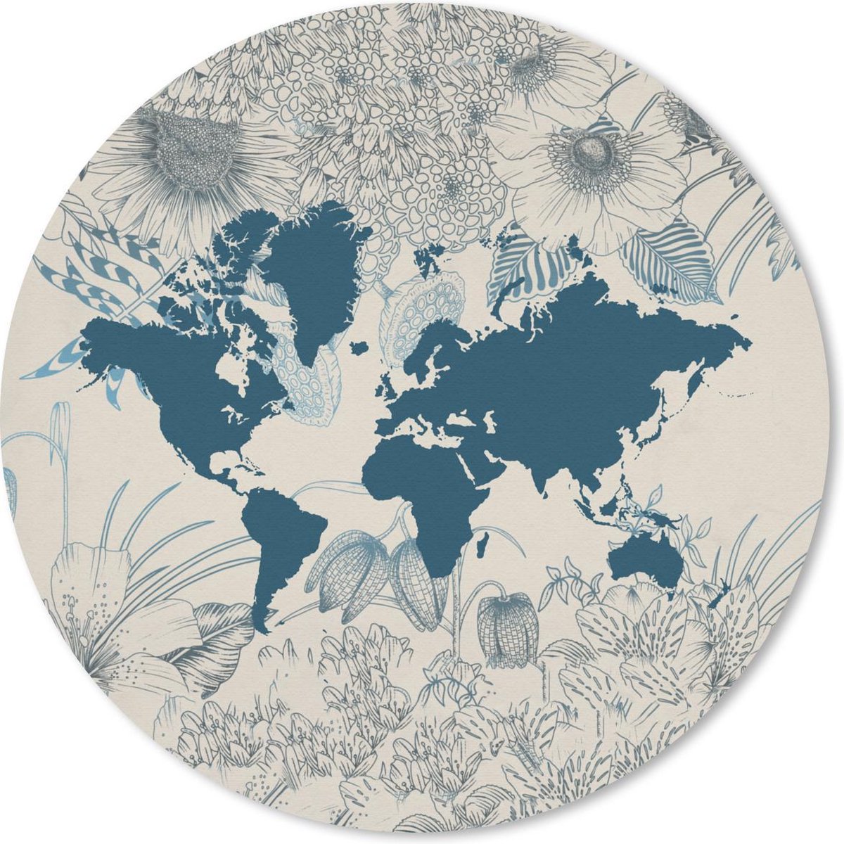 Muismat rond 40x40 cm - Mousepad Wereldkaart - Bloem - Blauw - Ronde muismatten