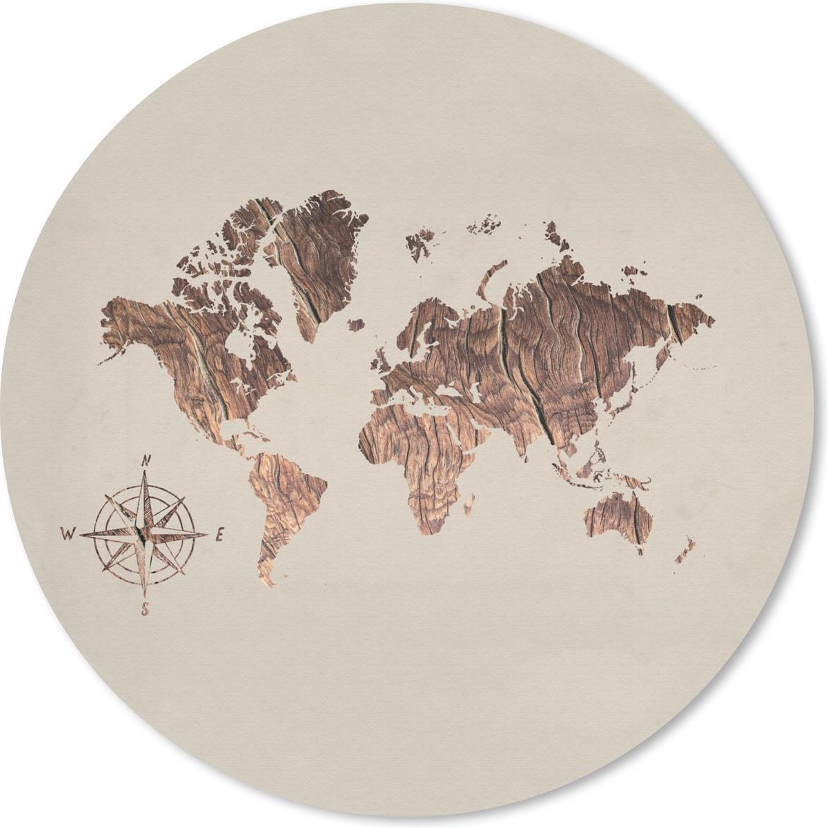 Muismat rond 50x50 cm - Mousepad Wereldkaart - Hout - Kompas - Ronde muismatten