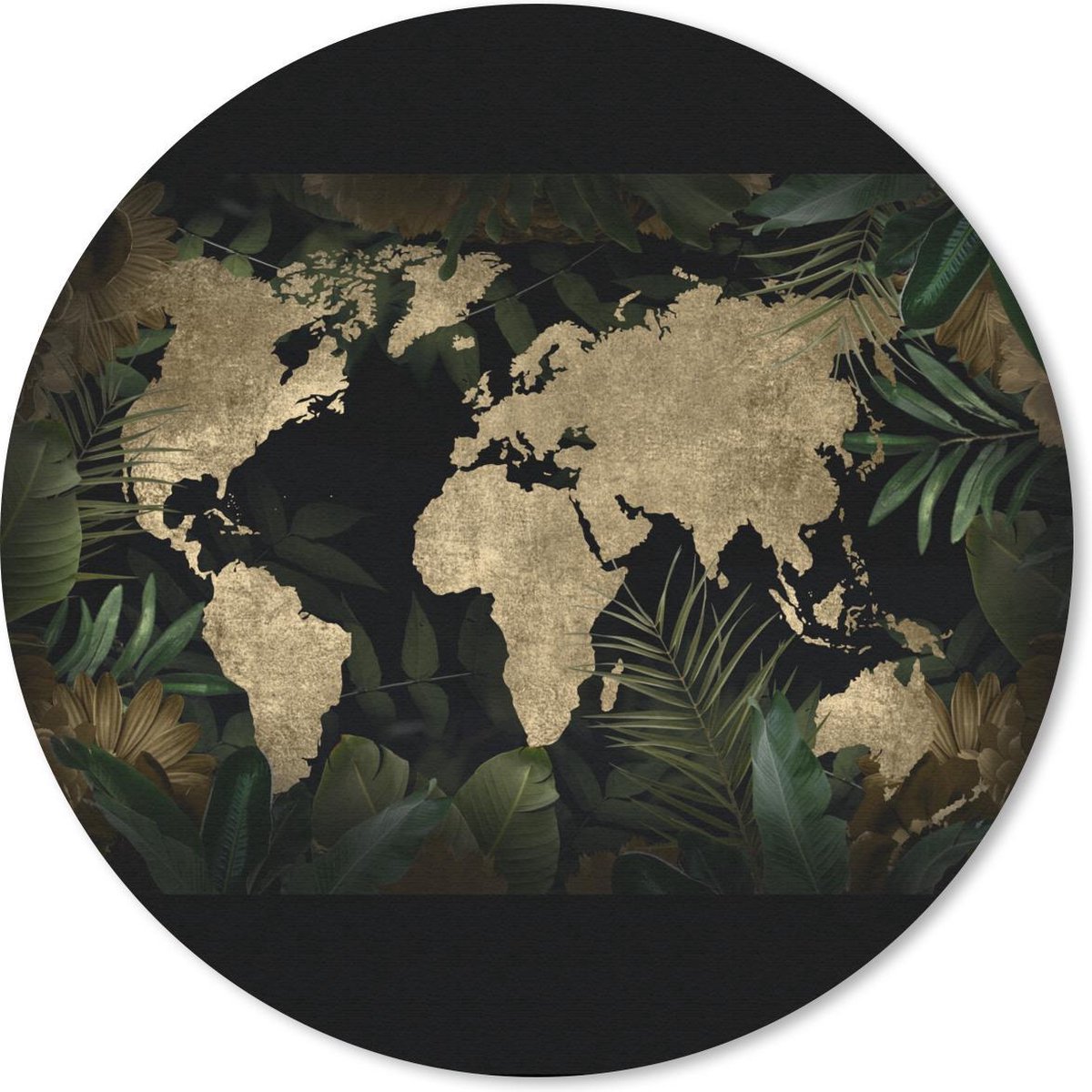 Muismat rond 40x40 cm - Mousepad Wereldkaart - Goud - Bladeren - Ronde muismatten